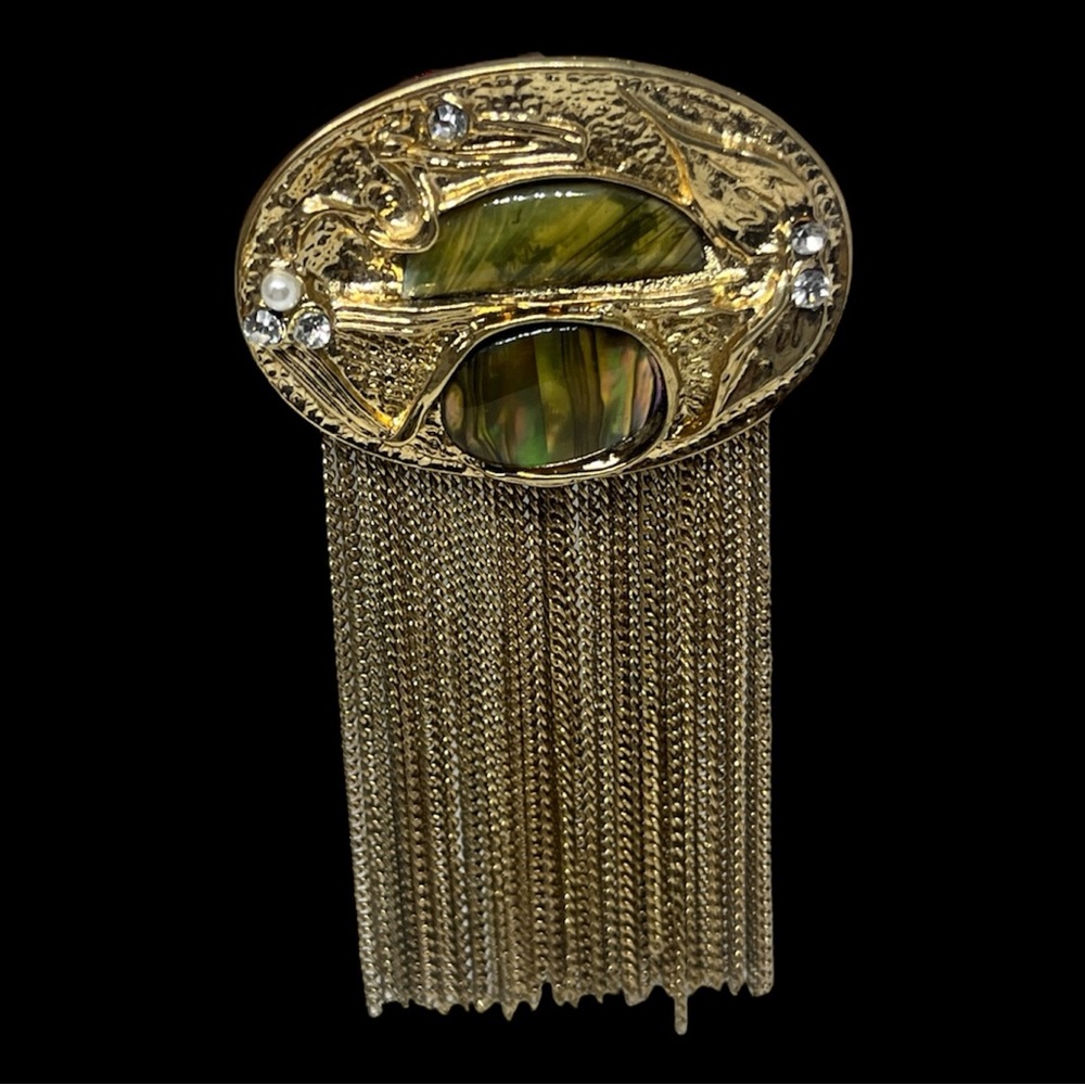 Art Deco Vintage Abalone and Brass Waterfall Jewelry Brooch w/ Gold Chain Fringe